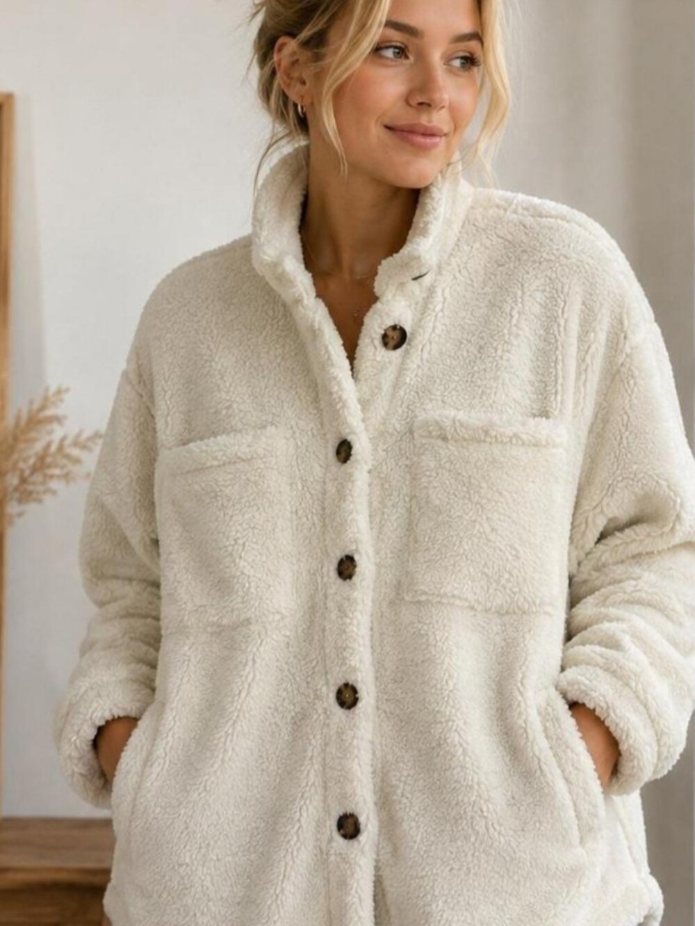 Natural Reflections Cozy Cream Fleece Button-Up Jacket